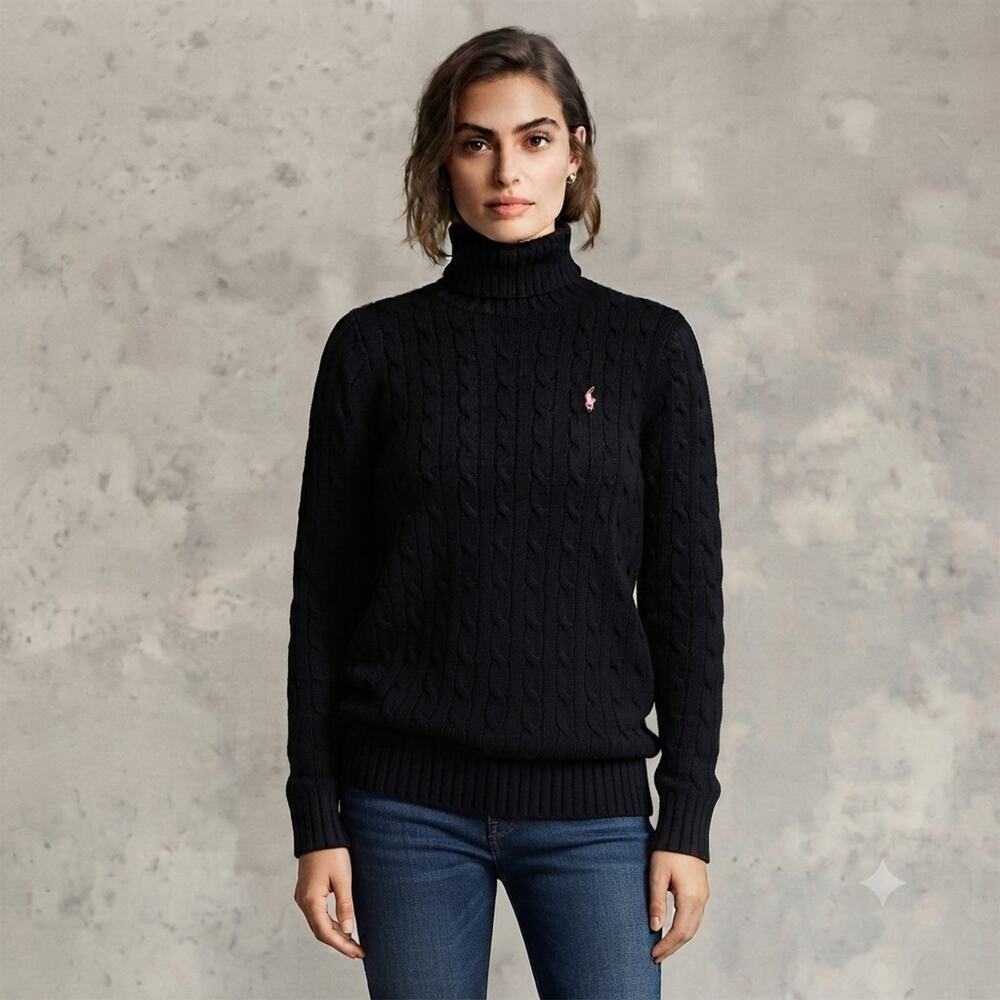 Ralph Lauren Sport Cable Knit Turtleneck Sweater Women L Black Y2k Preppy Resort